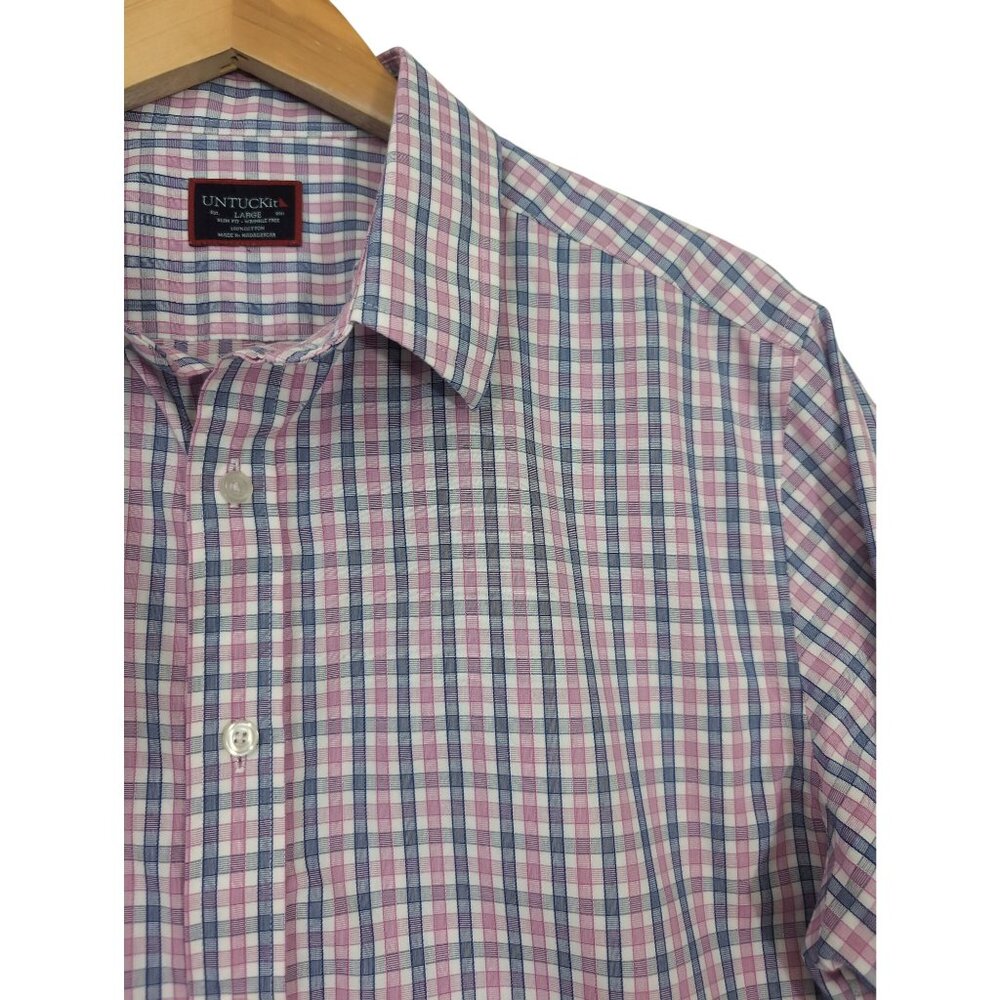 Untuckit Button Up Shirt Men L Blue Pink Check Slim Fit Long Sleeve Wrinkle Free